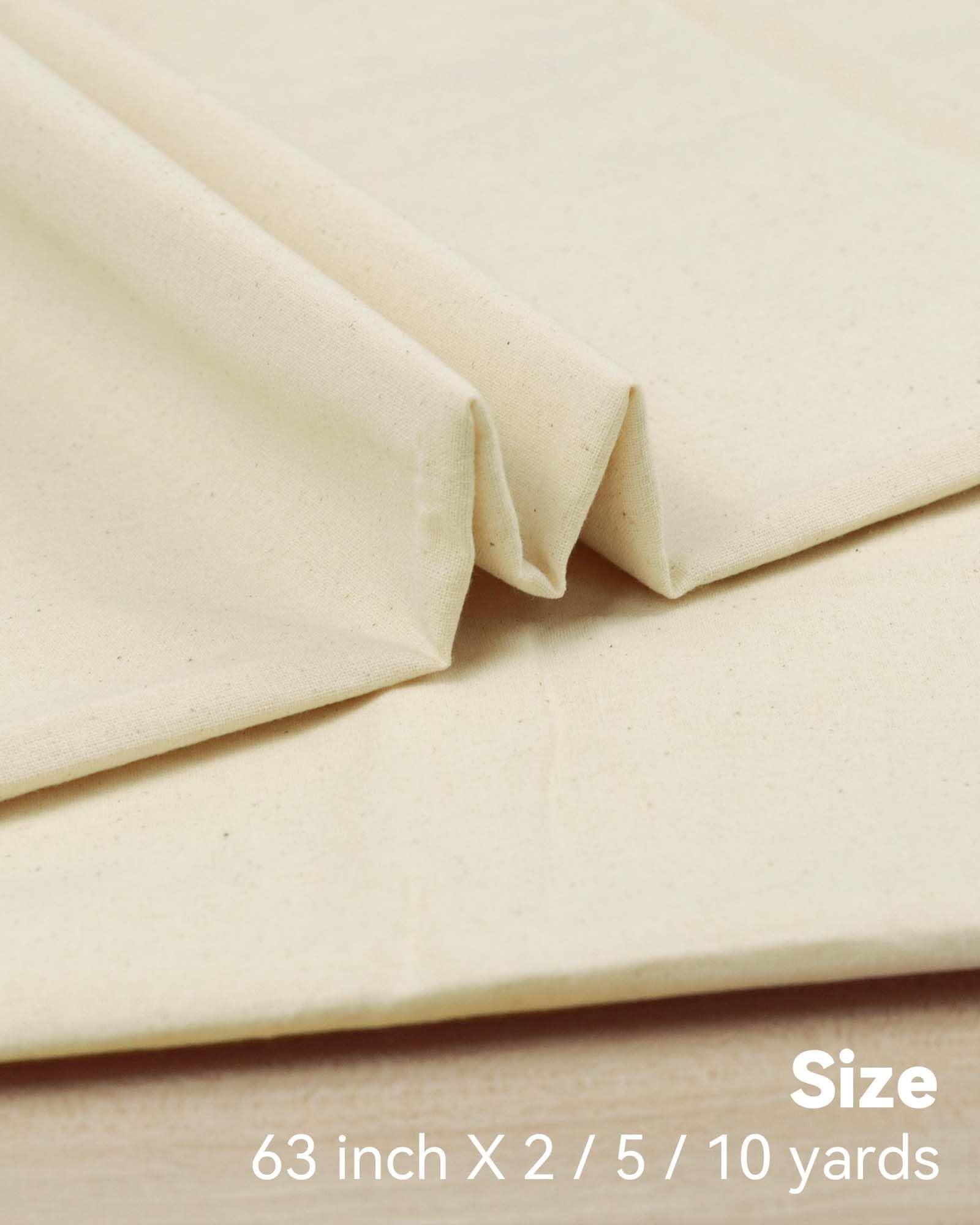 Unbleached cotton muslin fabric folded, showing texture and drape. Text overlay indicates size options.