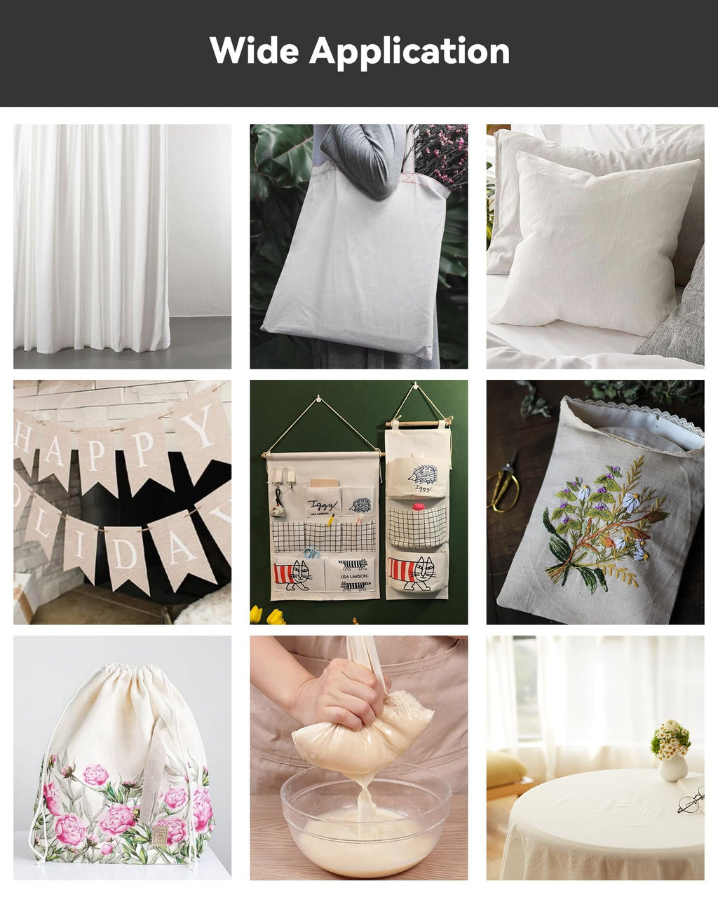 Collage of fabric applications including curtains, tote bag, pillow, banner, wall organizer, embroidered pouch, drawstring bag, and tablecloth.