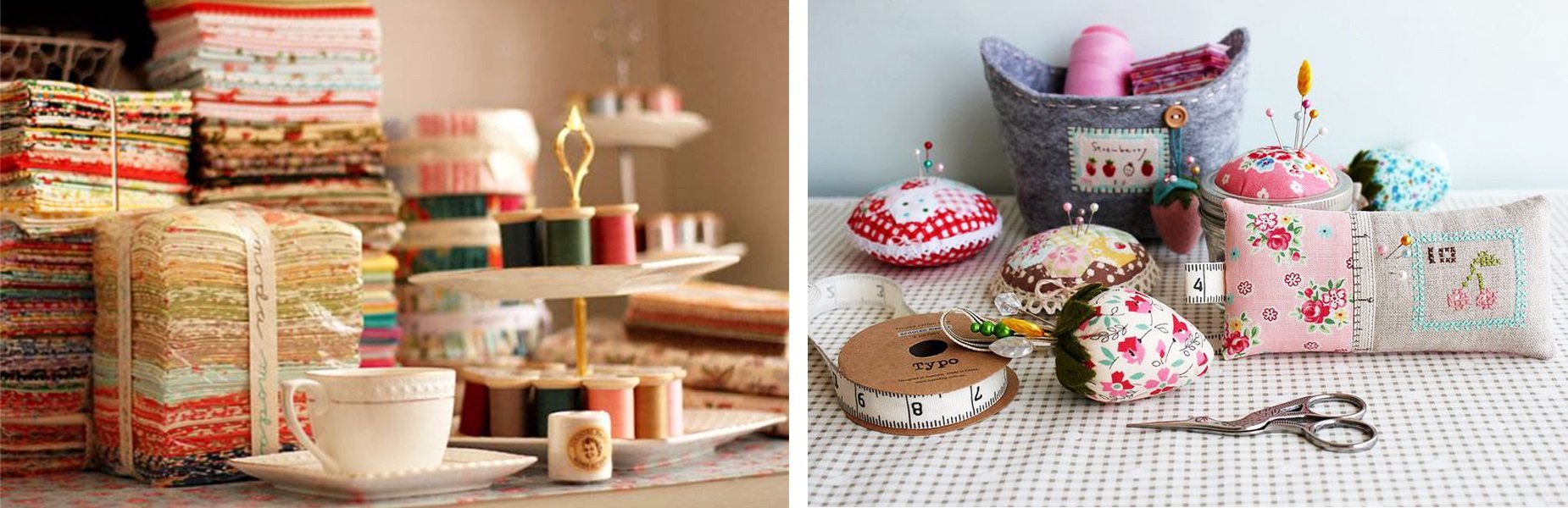 Stacks of assorted floral, polka dot, stripe, and gingham fabric squares and sewing notions like spools of thread and pincushions.