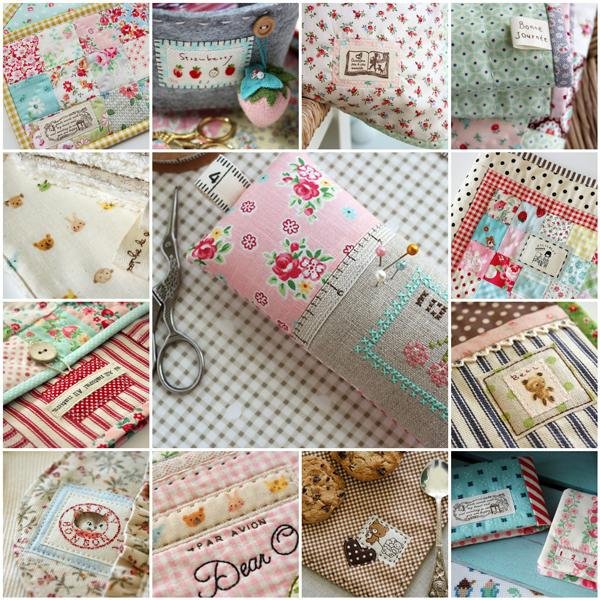 Collage of quilting fabric squares and sewing projects, featuring floral, polka dot, and gingham prints with embroidered details.