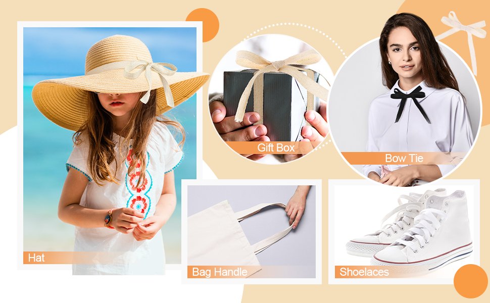 Collage of lifestyle images showing cotton twill tape used for a hat, gift box, bow tie, bag handle, and shoelaces.