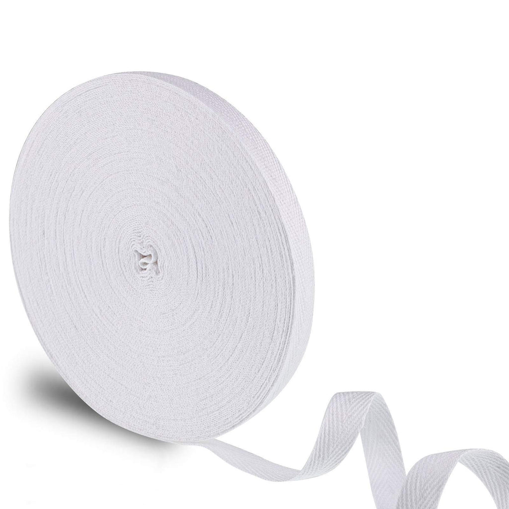 Roll of white 100% cotton twill tape ribbon with herringbone pattern, partially unrolled