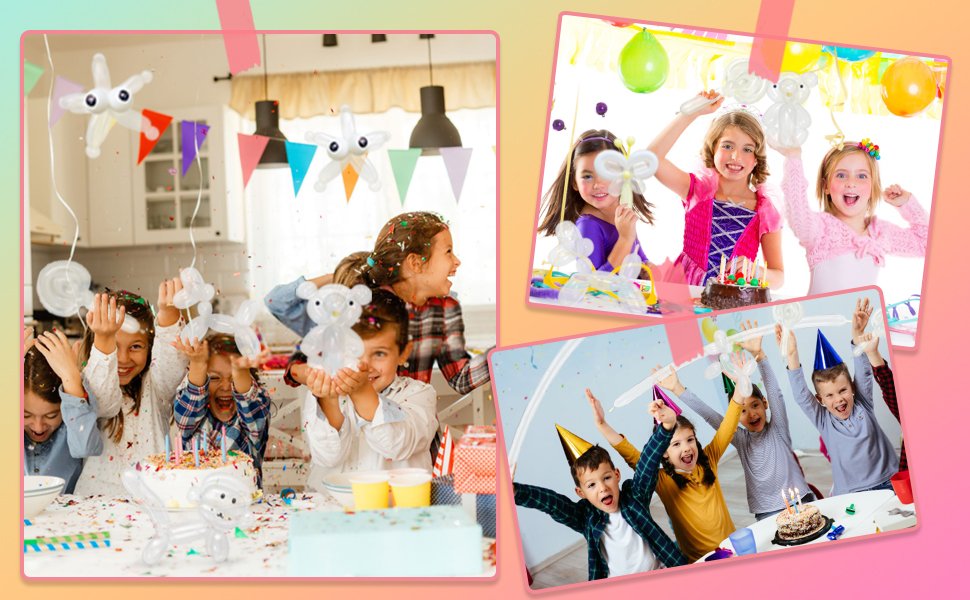 Children at birthday parties happily playing with clear twisting balloons shaped like animals and stars.
