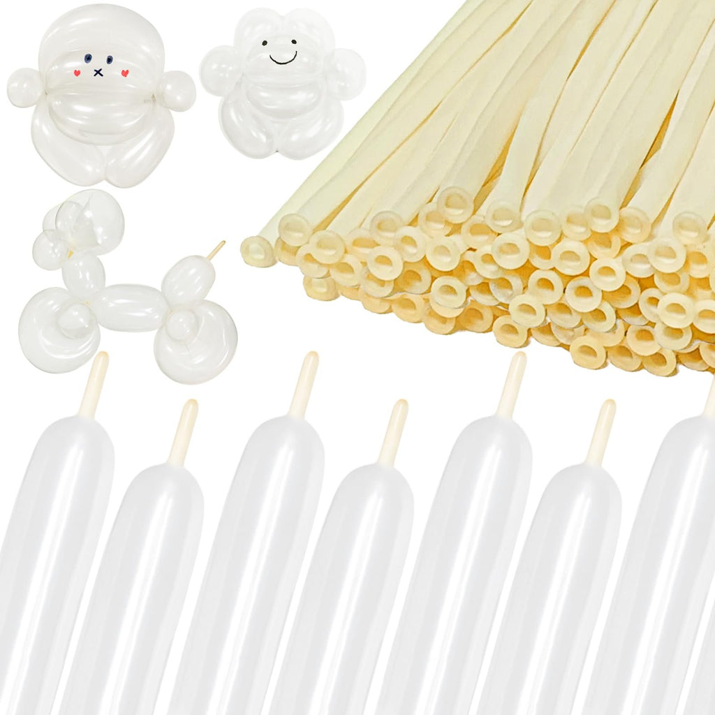 White twisting balloons and balloon animals including a dog, Santa, and a snowman on a white background.