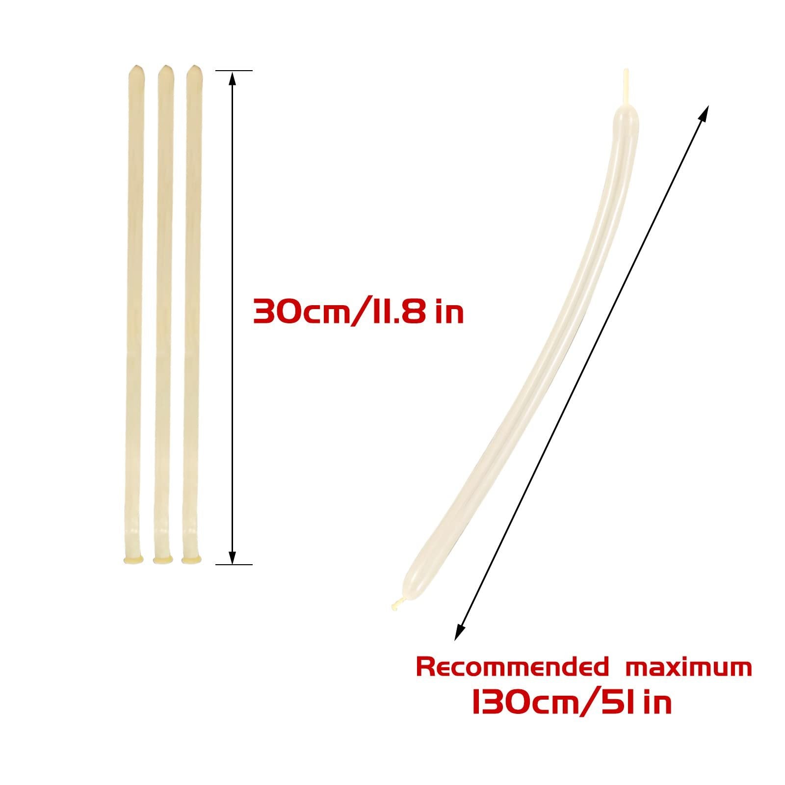 Three uninflated clear twisting balloons shown vertically next to a single inflated balloon with measurement indicators.