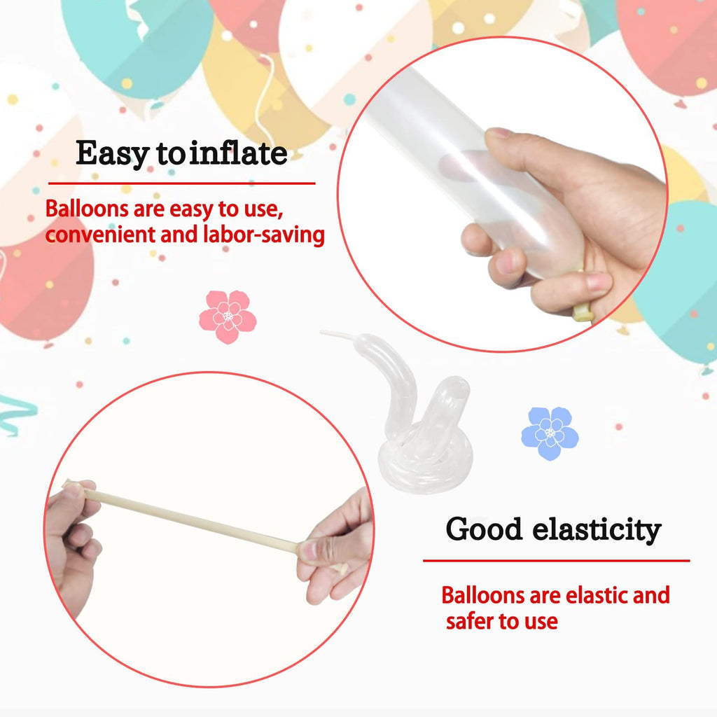 Clear twisting balloons being inflated and shaped into an animal, demonstrating ease of use and elasticity.