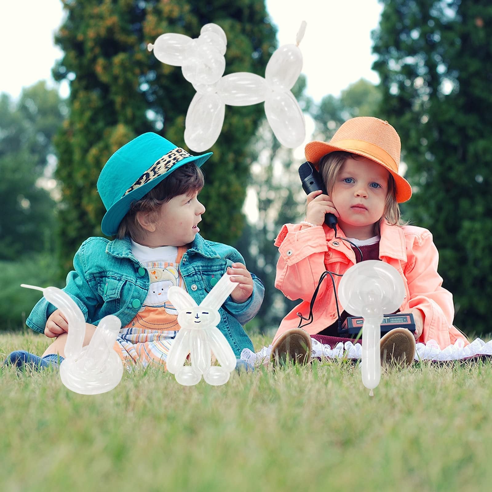 Two children sitting on grass with clear latex twisting balloons shaped like animals and a dog
