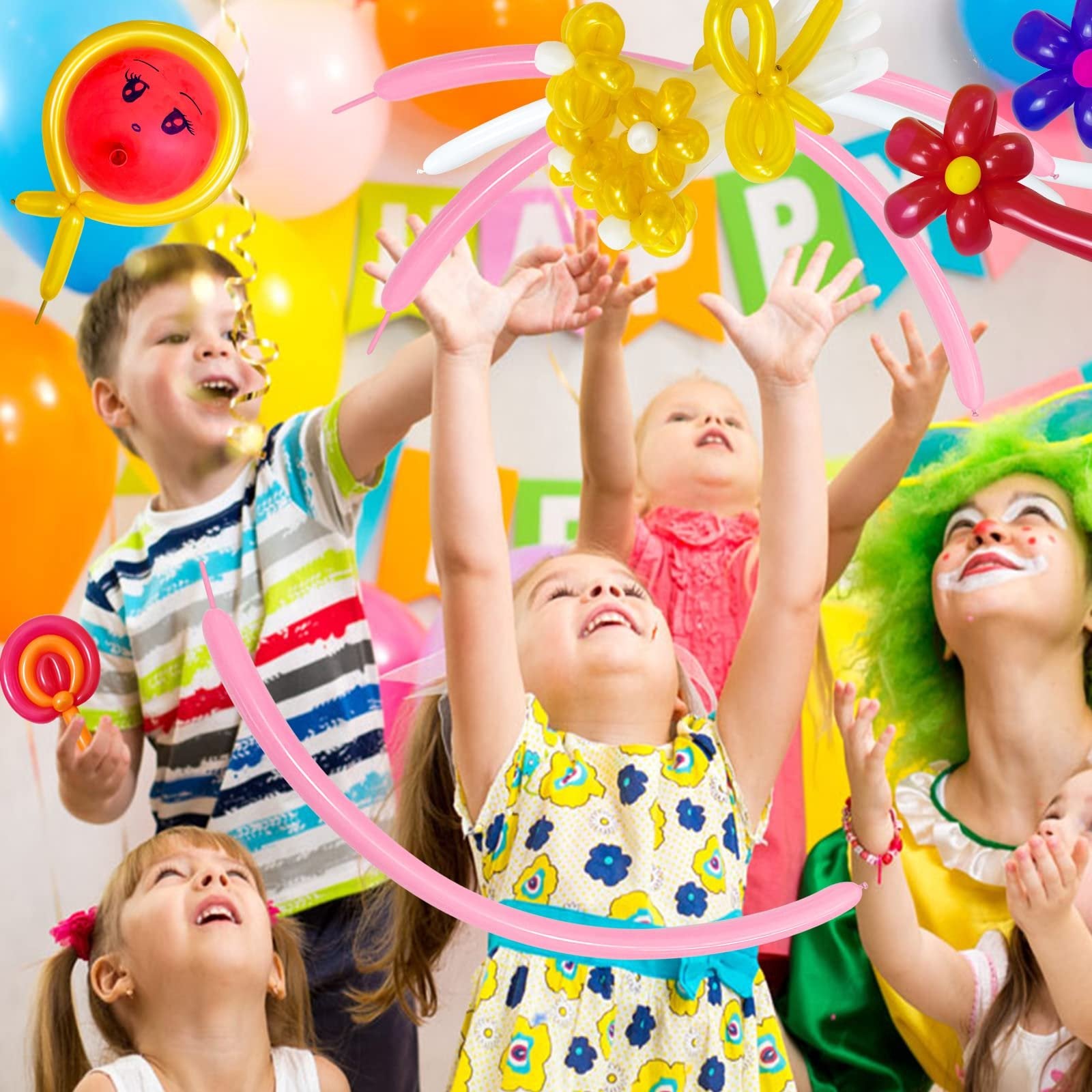 Children reaching for colorful balloons at a party, including balloon animals and flowers.