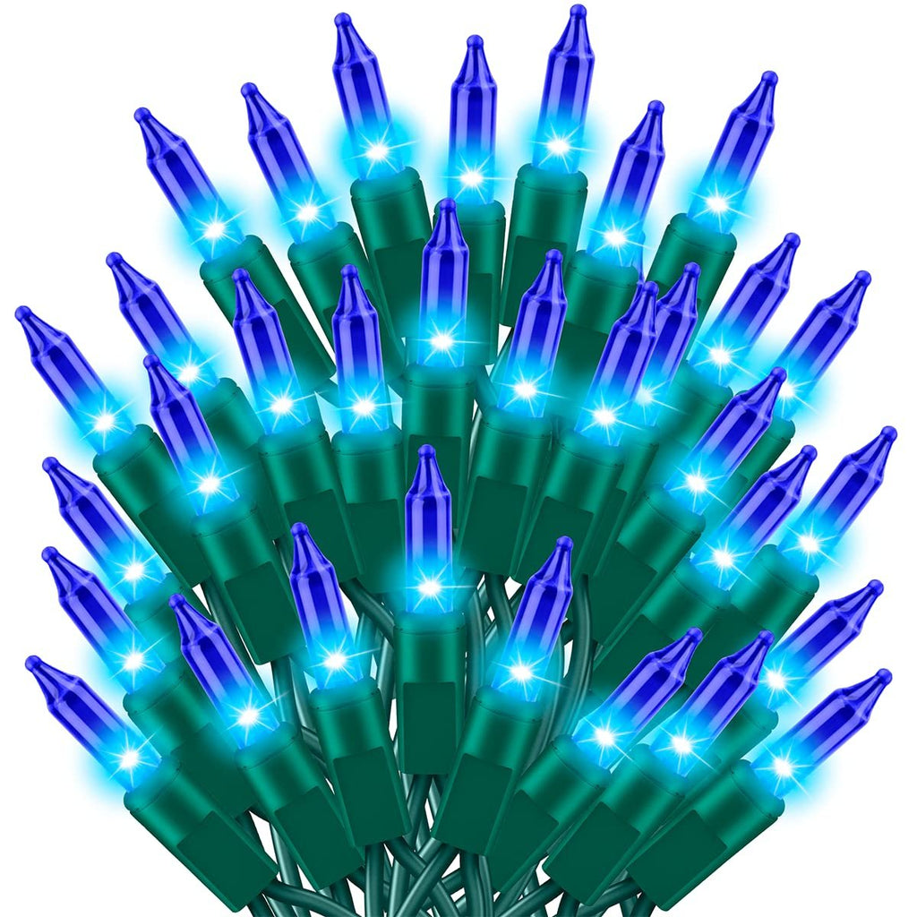 Cluster of blue Christmas mini string lights with green wires, illuminated on a white background.
