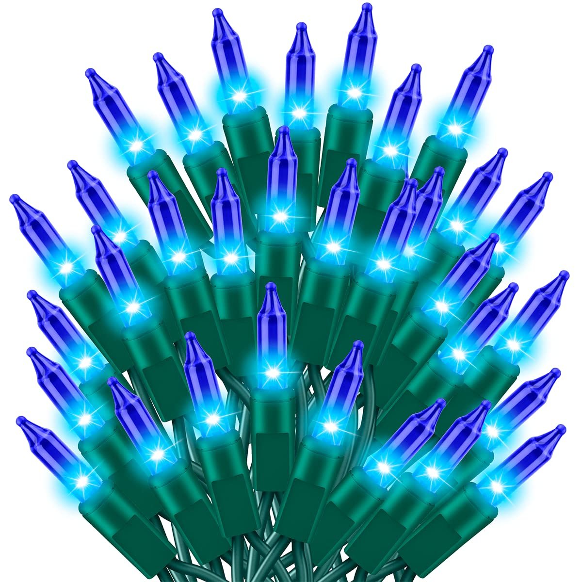 Cluster of blue Christmas mini string lights with green wires, illuminated on a white background.