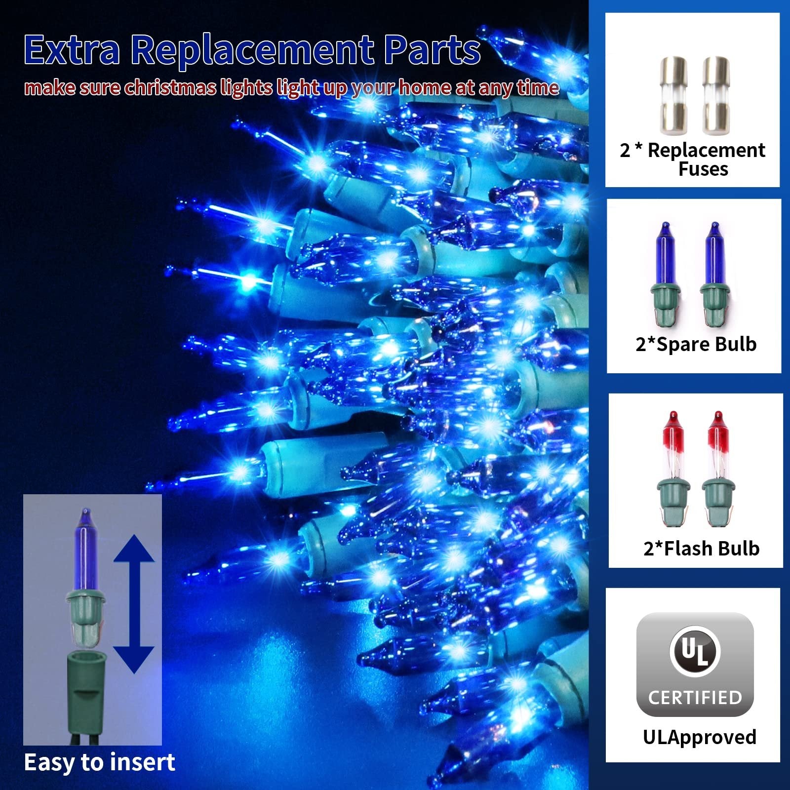 Blue Christmas mini string lights with replacement fuses, spare bulbs, and flash bulbs shown in inset images.