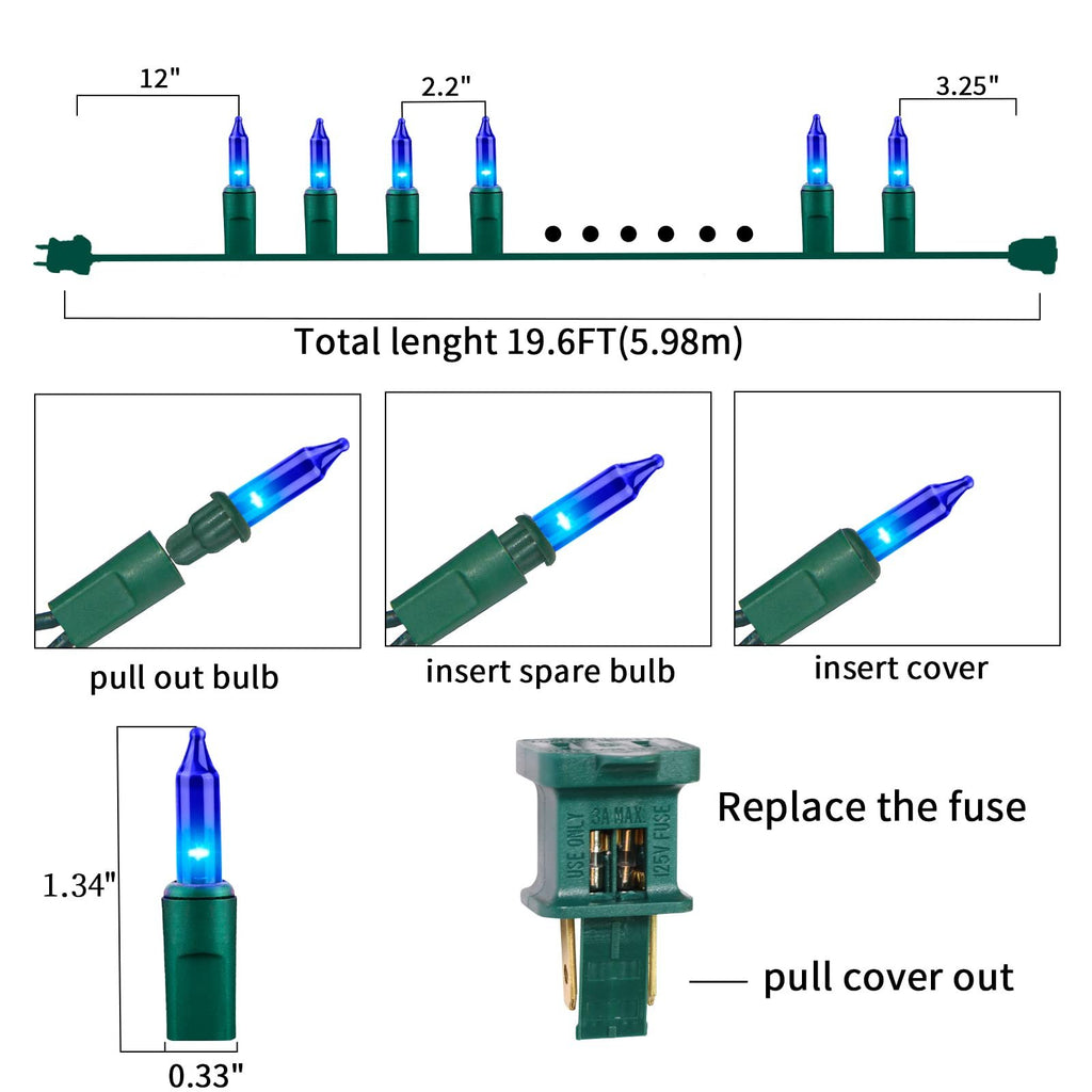 Diagram showing blue Christmas mini string lights with dimensions and instructions for replacing bulbs and fuses.