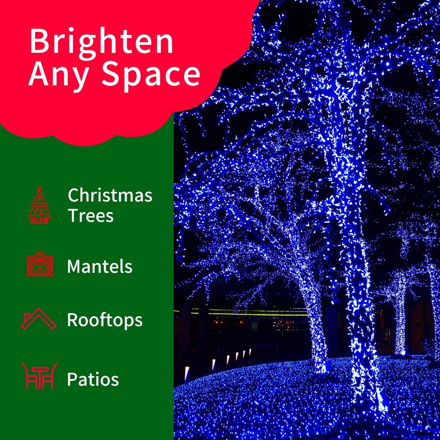 Blue Christmas mini string lights illuminating trees and ground at night, with text overlay listing placement ideas.