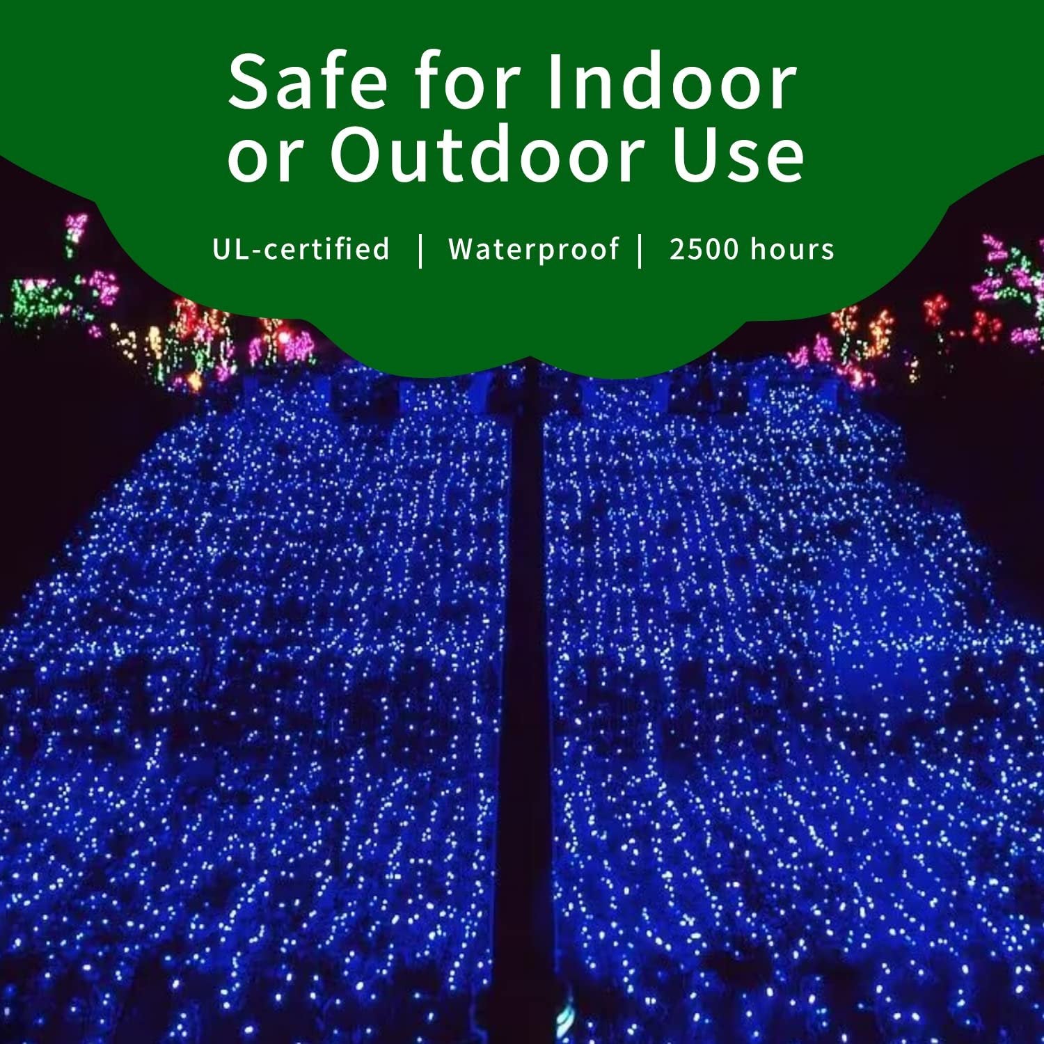 Blue Christmas mini string lights displayed outdoors at night, with text overlay about indoor/outdoor use.