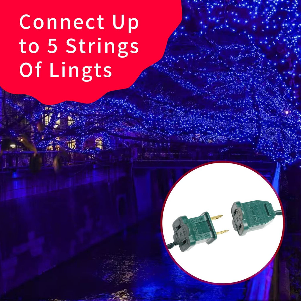 Blue Christmas mini string lights covering trees with a close-up of the connectable plug and socket