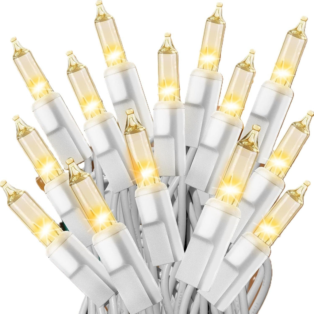 Cluster of 100 clear white mini string lights with white wire, illuminated on a white background.