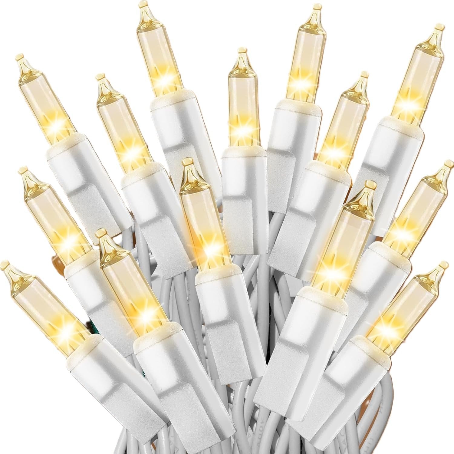 Cluster of 100 clear white mini string lights with white wire, illuminated on a white background.