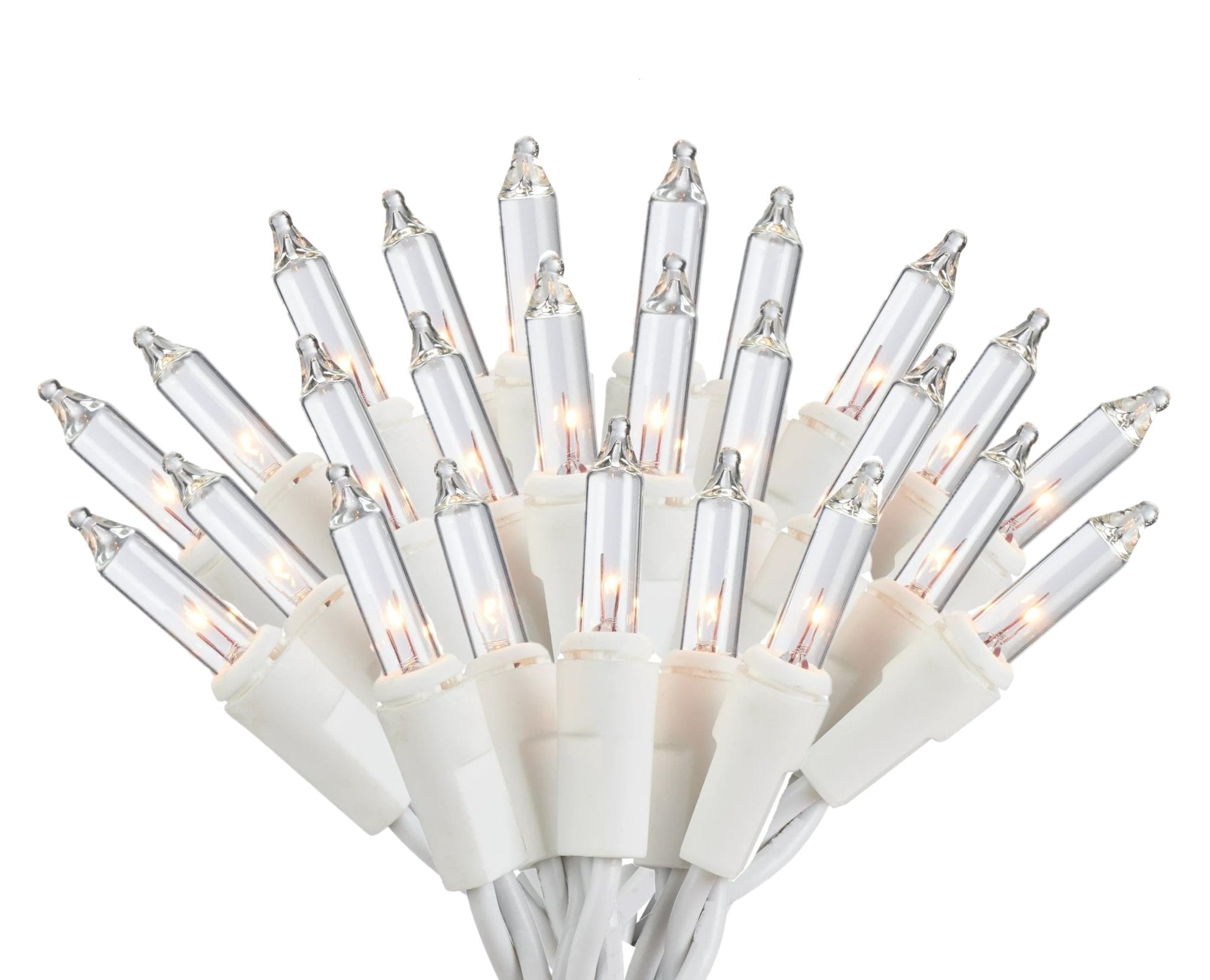 Close-up of a bunch of clear mini string lights with white wire on a white background.
