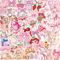 Collage of pink coquette-themed stickers featuring bows, kittens, roses, strawberries, and teddy bears.