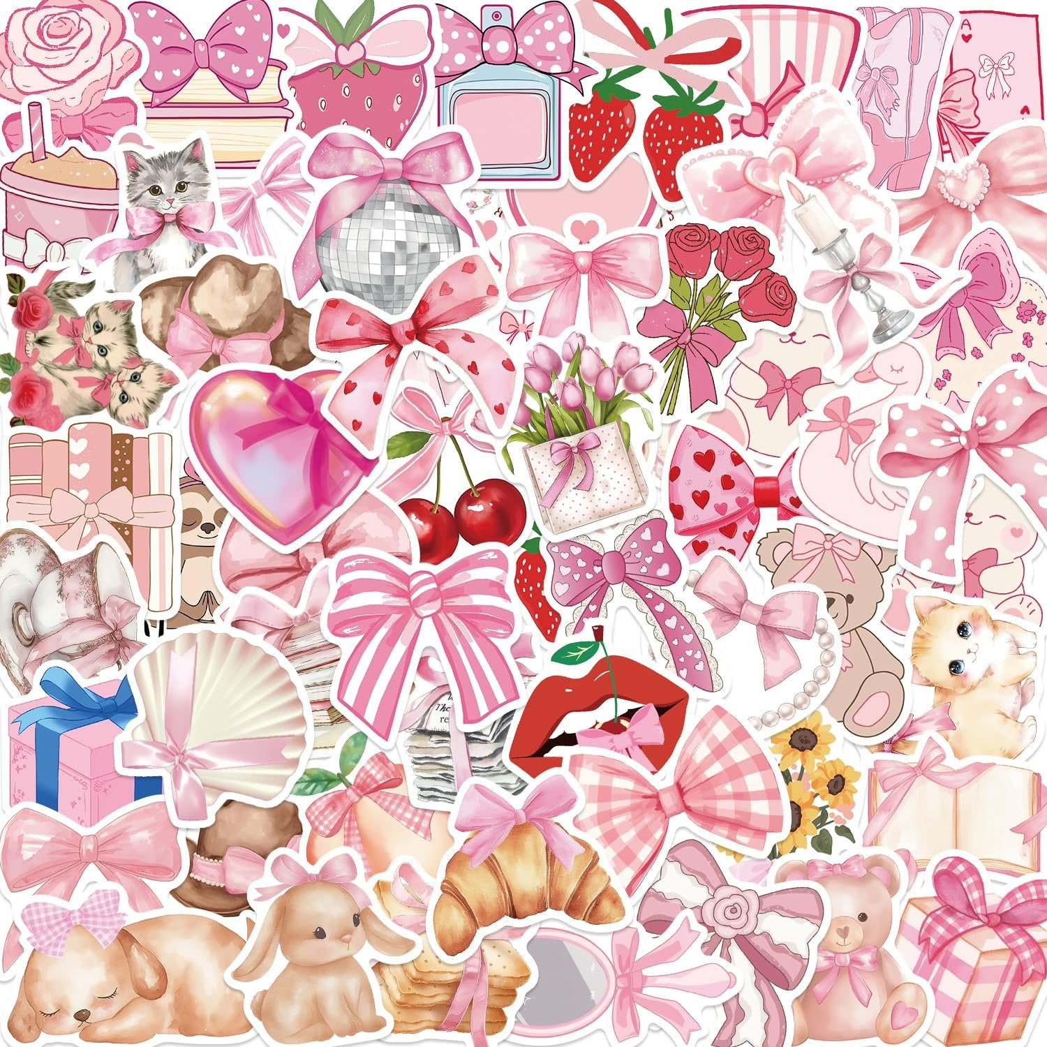 Collage of pink coquette-themed stickers featuring bows, kittens, roses, strawberries, and teddy bears.