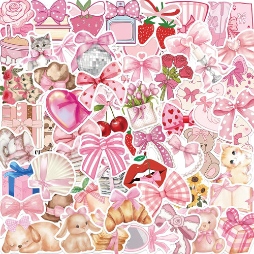 Collage of pink coquette-themed stickers featuring bows, kittens, roses, strawberries, and teddy bears.