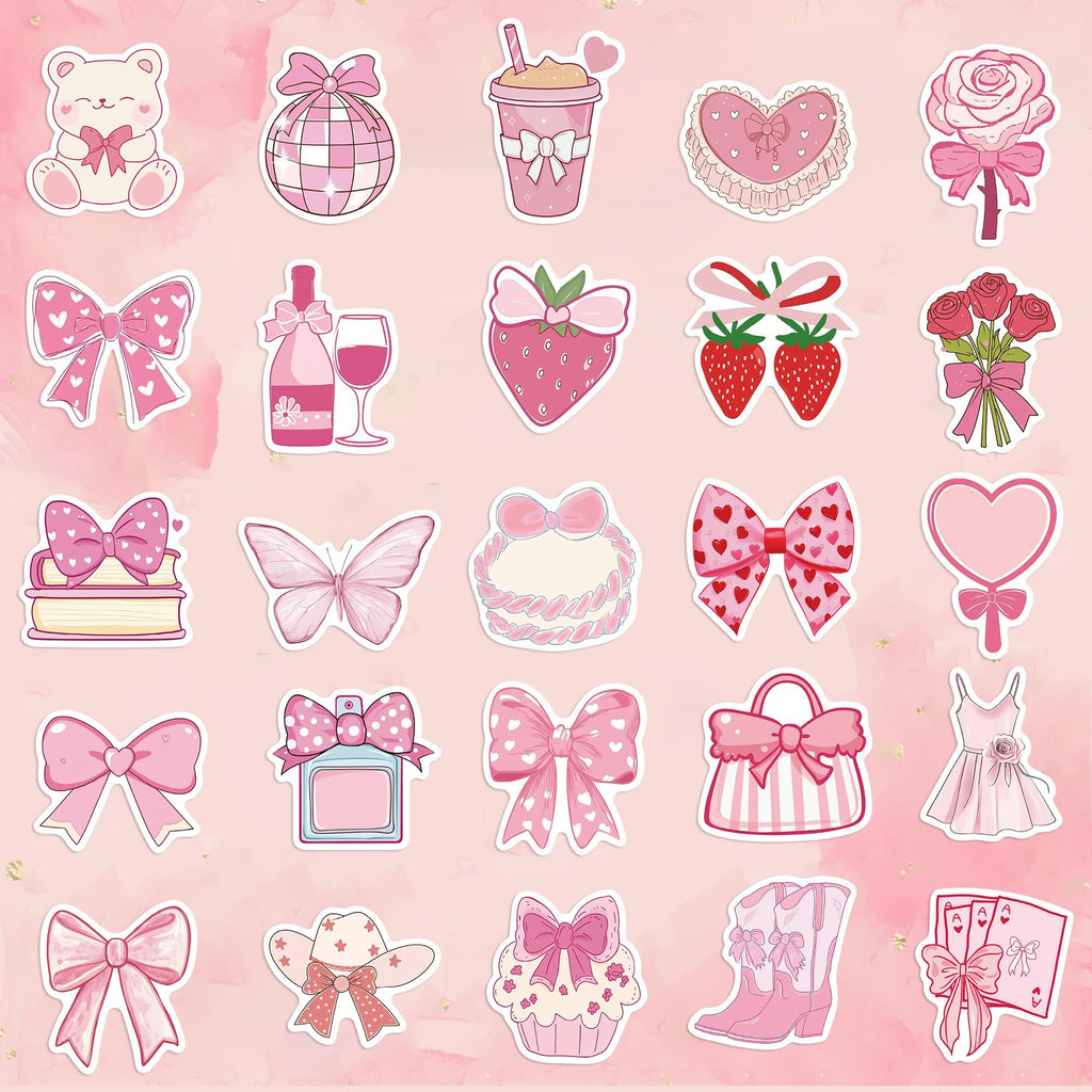 Collection of pink coquette-themed stickers including bows, strawberries, a teddy bear, a disco ball, a drink, a rose, a heart, books, a butterfly, a cake, a purse, a dress, boots, and playing cards.