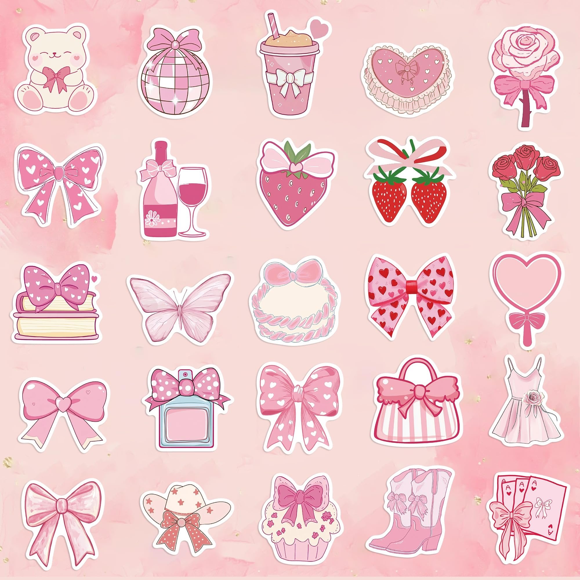 Collection of pink coquette-themed stickers including bows, strawberries, a teddy bear, a disco ball, a drink, a rose, a heart, books, a butterfly, a cake, a purse, a dress, boots, and playing cards.