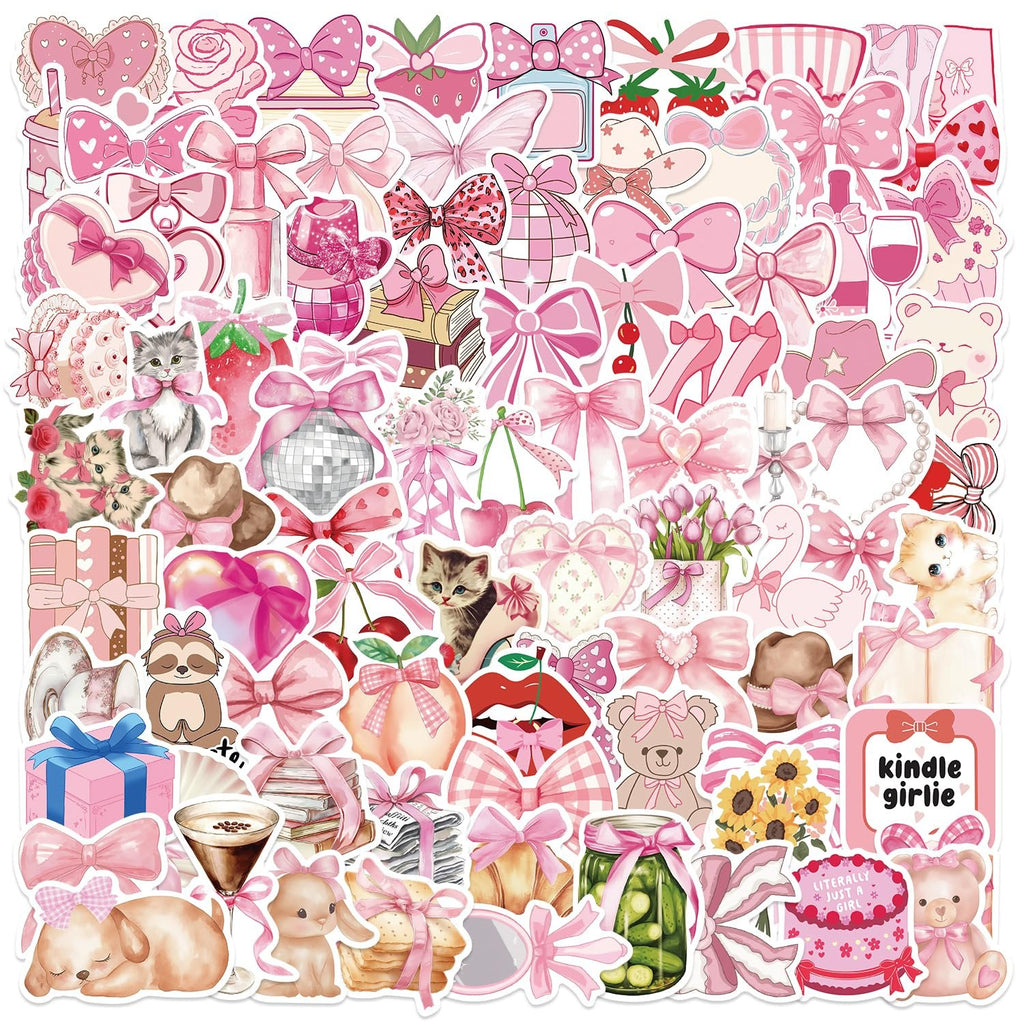 Collage of pink coquette-themed stickers featuring bows, kittens, puppies, bears, strawberries, and more.