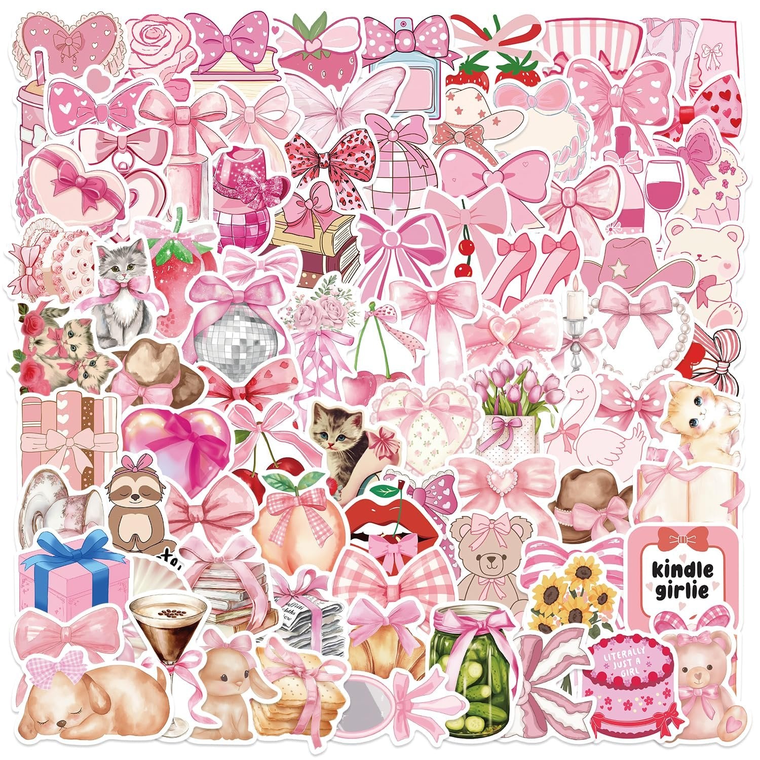 Collage of pink coquette-themed stickers featuring bows, kittens, puppies, bears, strawberries, and more.