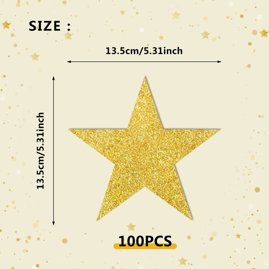 Glitter gold paper star cutout with size dimensions and quantity indicated.