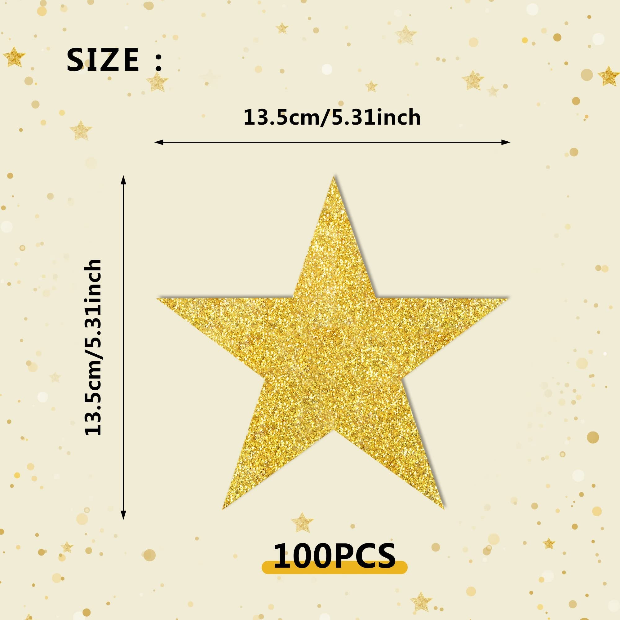 Glitter gold paper star cutout with size dimensions and quantity indicated.