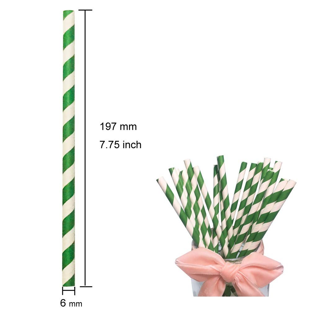 Green and white striped paper straws shown with dimensions and a bunch in a jar with a pink bow.