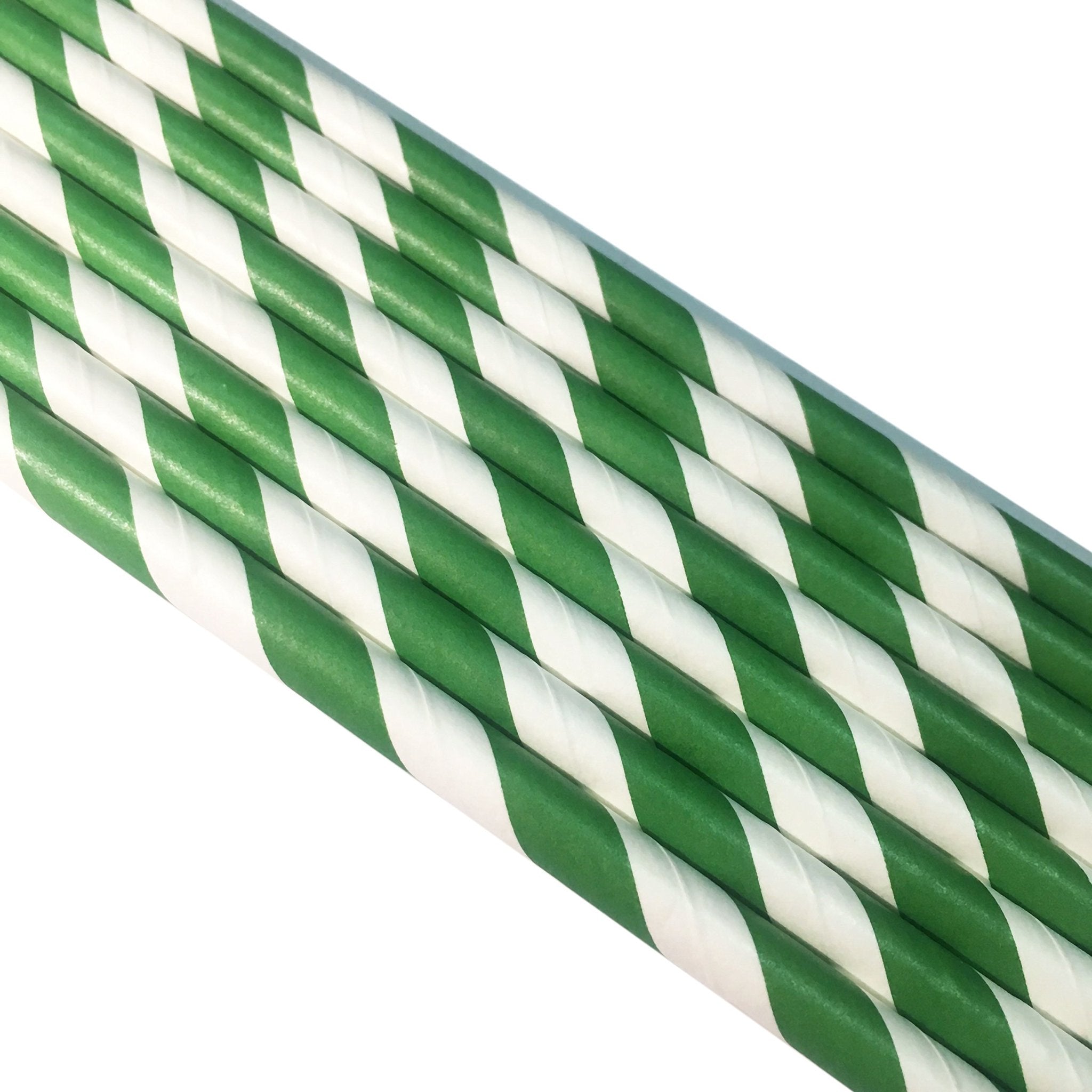 Several green and white striped paper straws arranged diagonally on a white background.