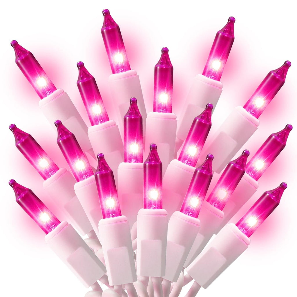 Cluster of pink mini string lights with white wire, illuminated and on a white background.