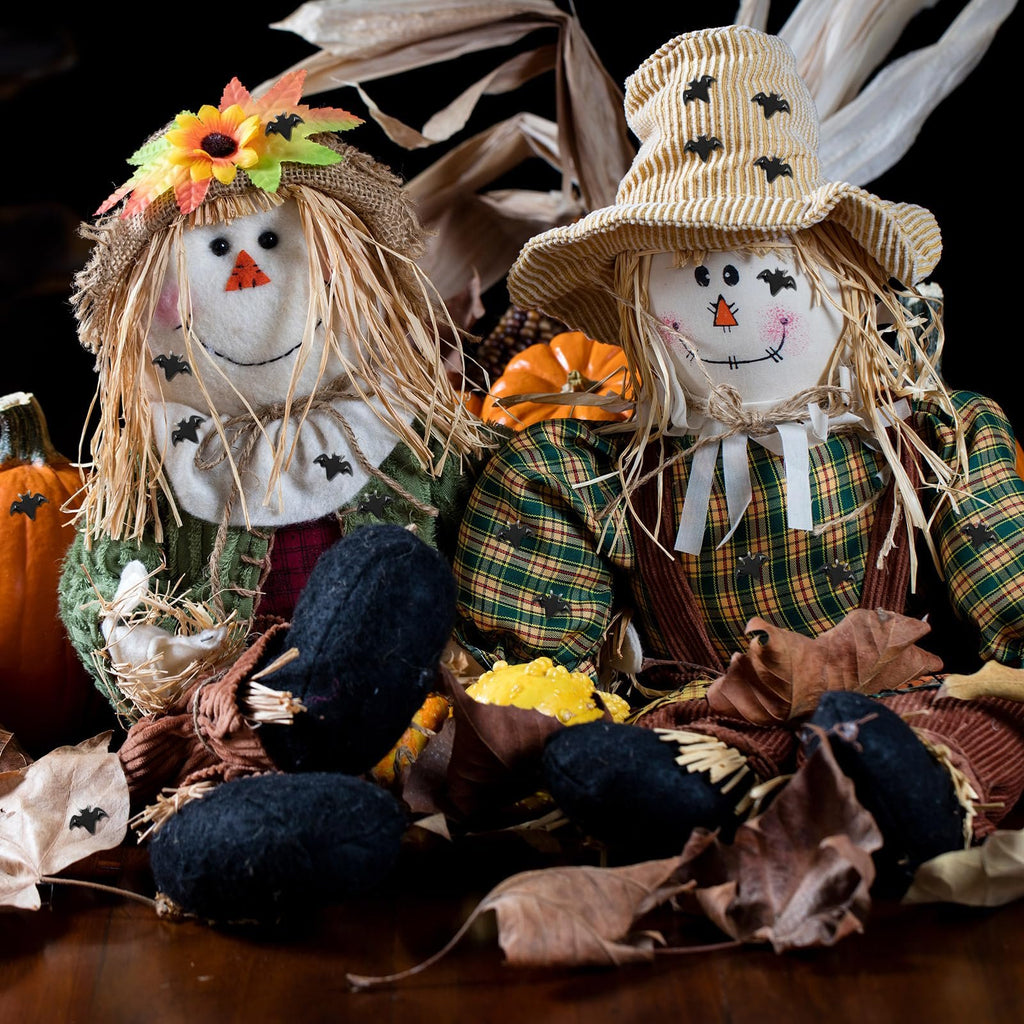 Two scarecrow figures with straw hair and button eyes, dressed in fall-themed clothing, surrounded by autumn leaves and pumpkins.