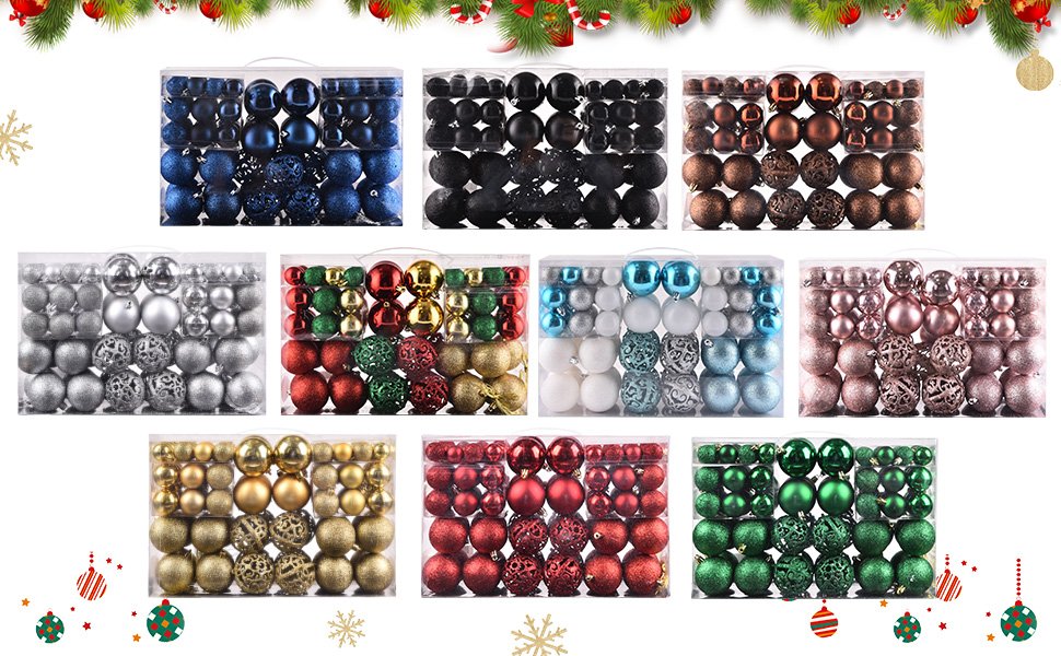 Collage of nine clear boxes filled with assorted Christmas ball ornaments in various colors and sizes.