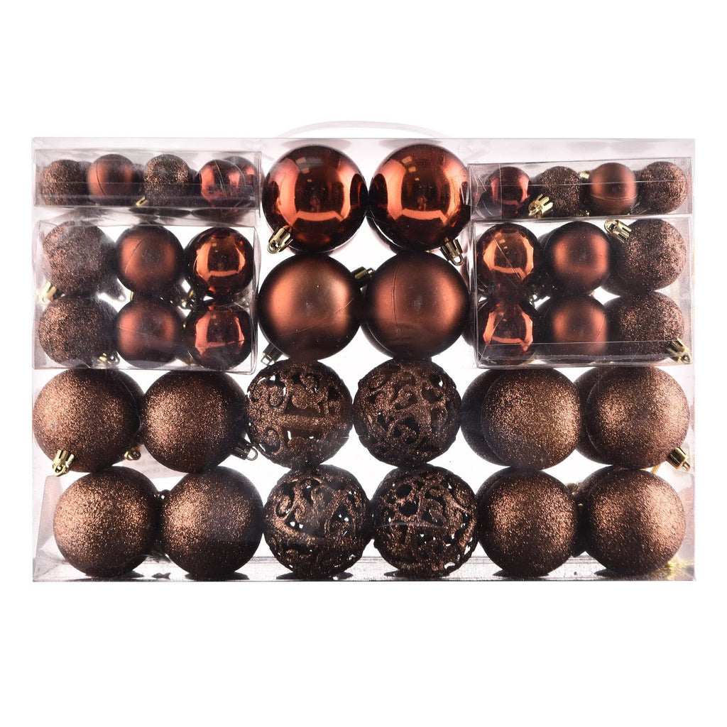 Brown shatterproof Christmas ball ornaments in a clear gift package, showing various sizes and finishes.