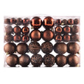 Brown shatterproof Christmas ball ornaments in a clear gift package, showing various sizes and finishes.