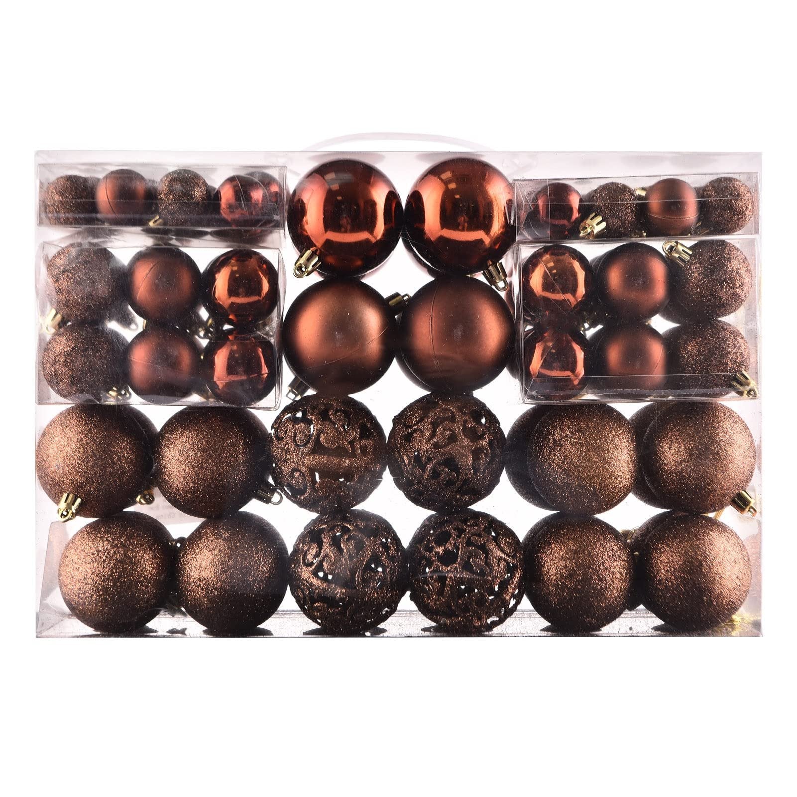 Brown shatterproof Christmas ball ornaments in a clear gift package, showing various sizes and finishes.
