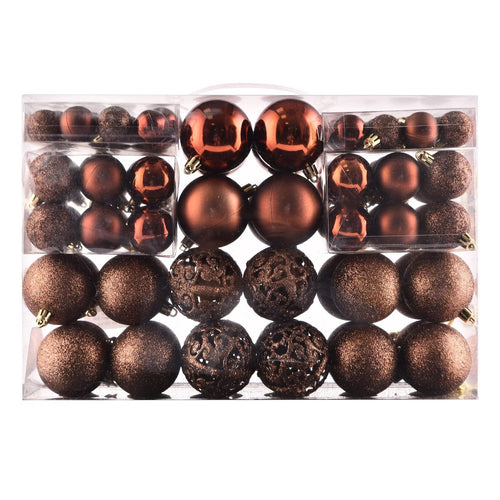 Brown shatterproof Christmas ball ornaments in a clear gift package, showing various sizes and finishes.