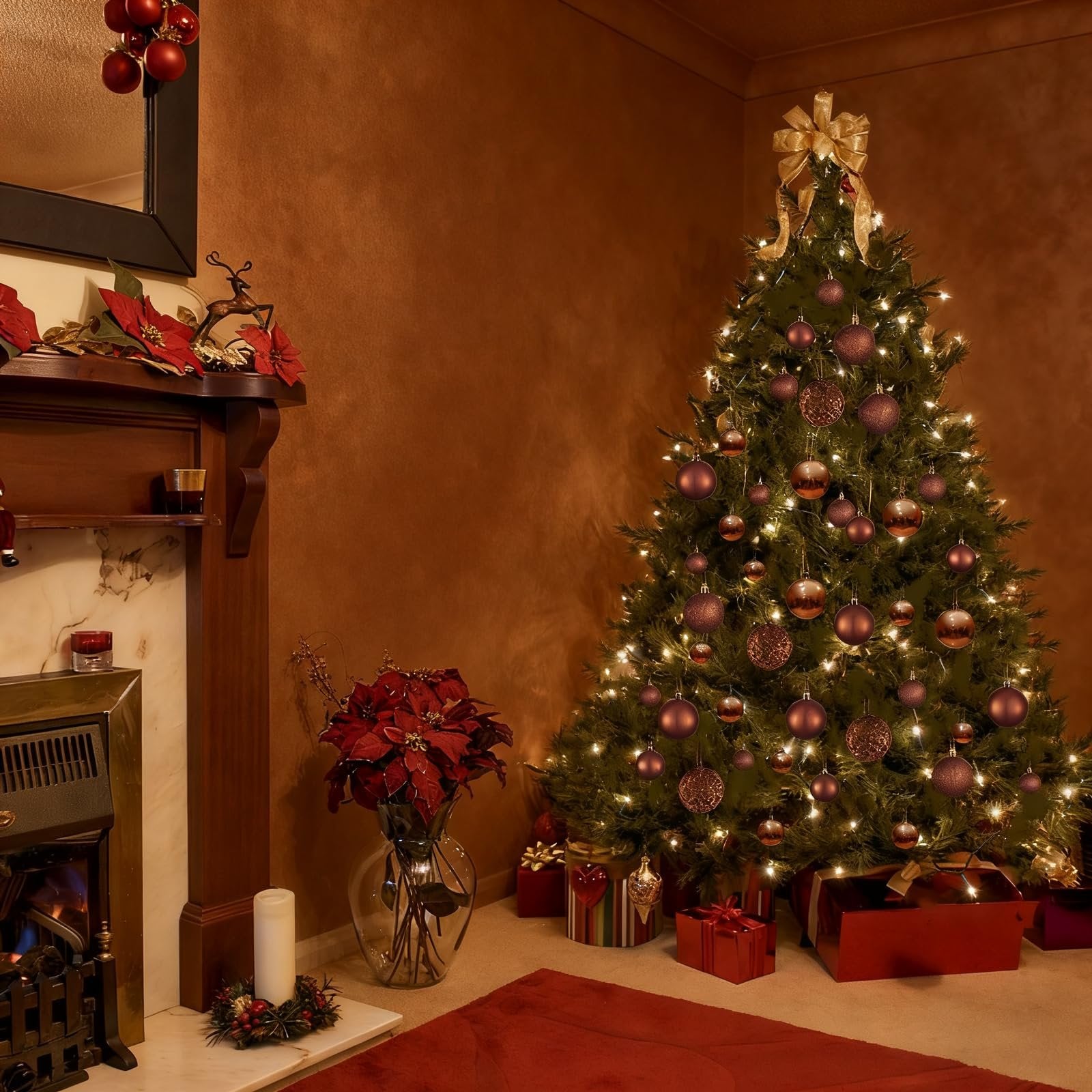 Christmas tree decorated with brown ornaments and lights, next to a fireplace with poinsettias and gifts.