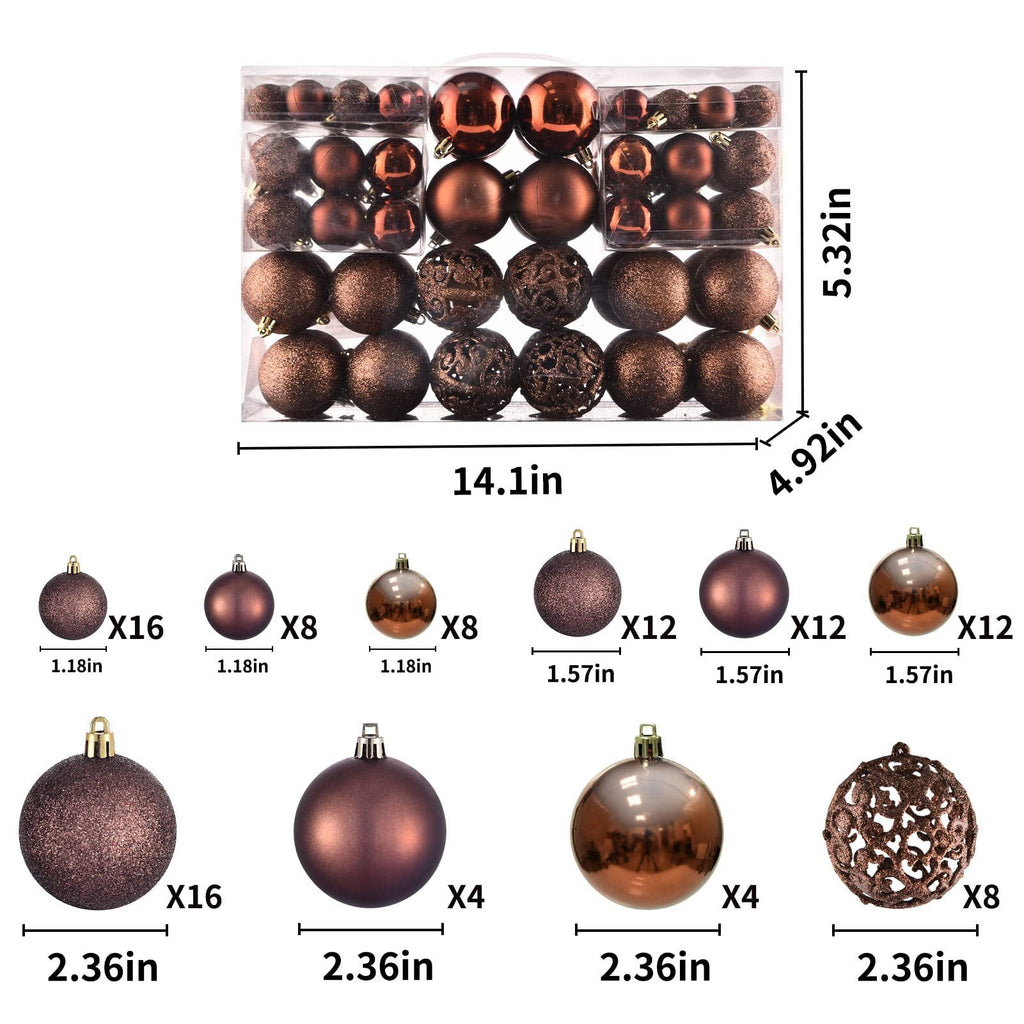 Set of 100 shatterproof brown Christmas ball ornaments in 3 sizes, shown in packaging and individually with dimensions.