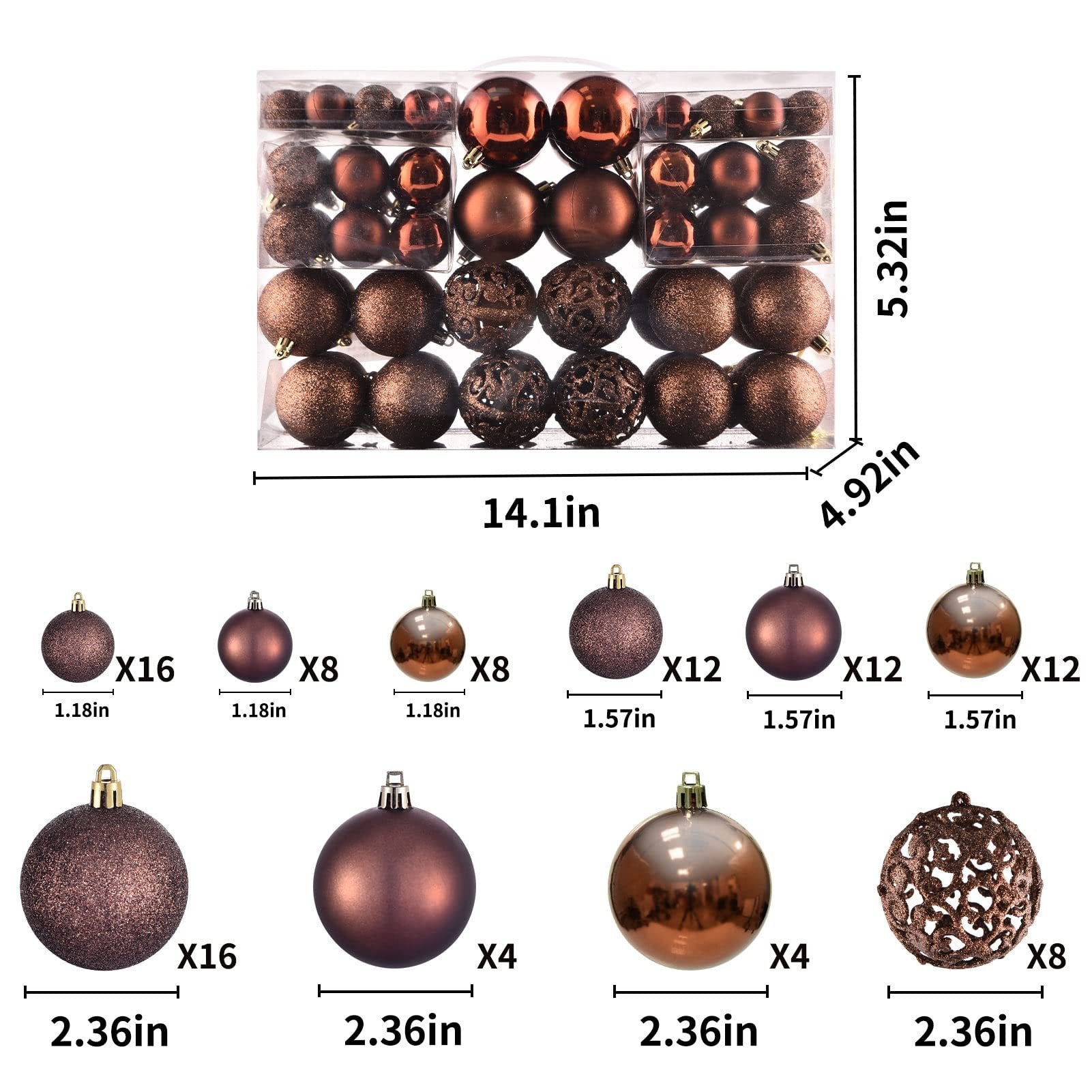 Set of 100 shatterproof brown Christmas ball ornaments in 3 sizes, shown in packaging and individually with dimensions.