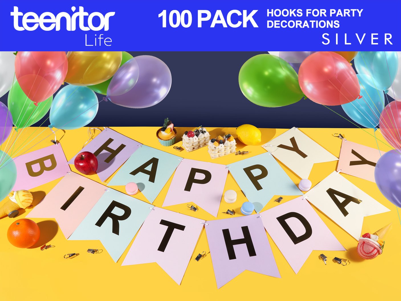 Happy Birthday banner with balloons and party decorations, close-up view