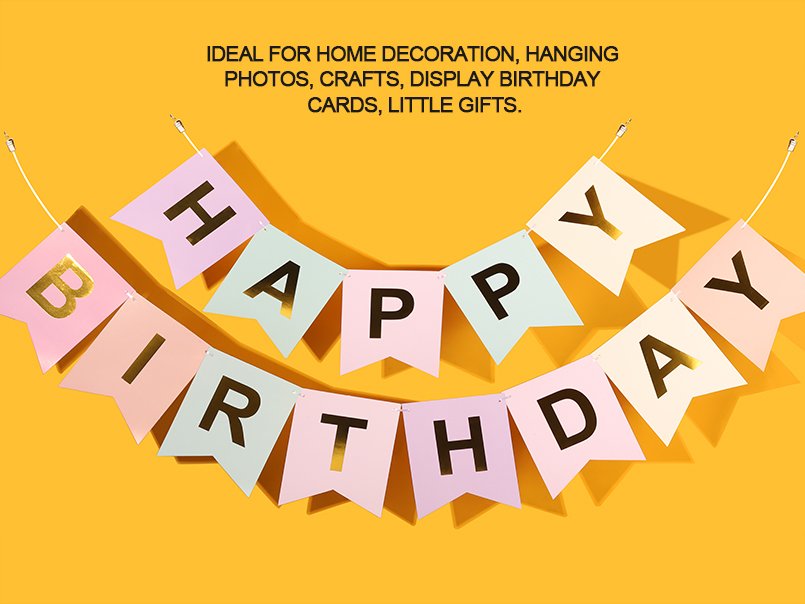Happy Birthday banner with pastel colored flags and gold lettering, displayed on a yellow background.