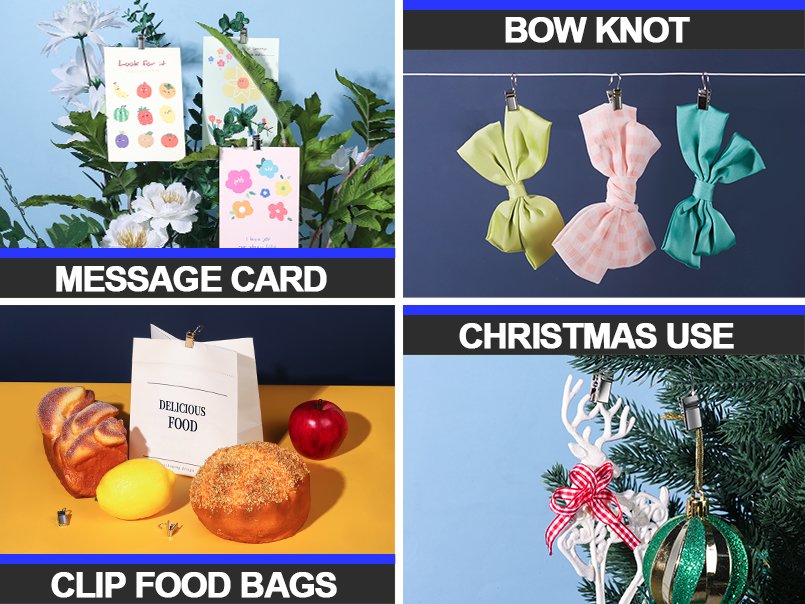 Collage of four images showing small stainless steel clip hooks used for message cards, bow knots, clipping food bags, and Christmas decorations.