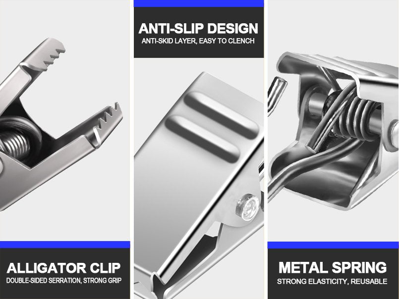 Close-up views of stainless steel clips highlighting alligator jaws, anti-slip design, and metal spring mechanism.