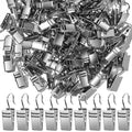 Pile of small silver metal clip hooks with a row of hooks on display against a white background