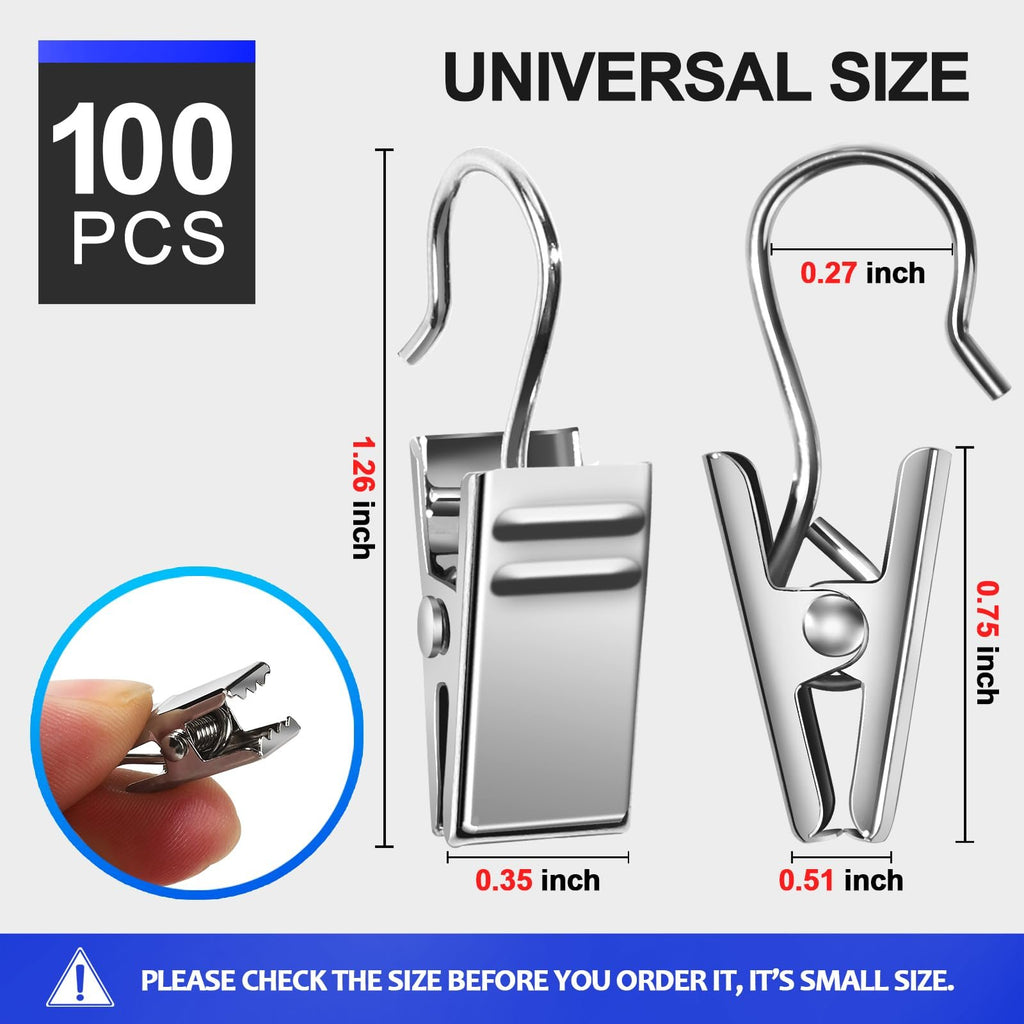 Two stainless steel clip hooks shown with dimensions and a close-up of one held by a finger.