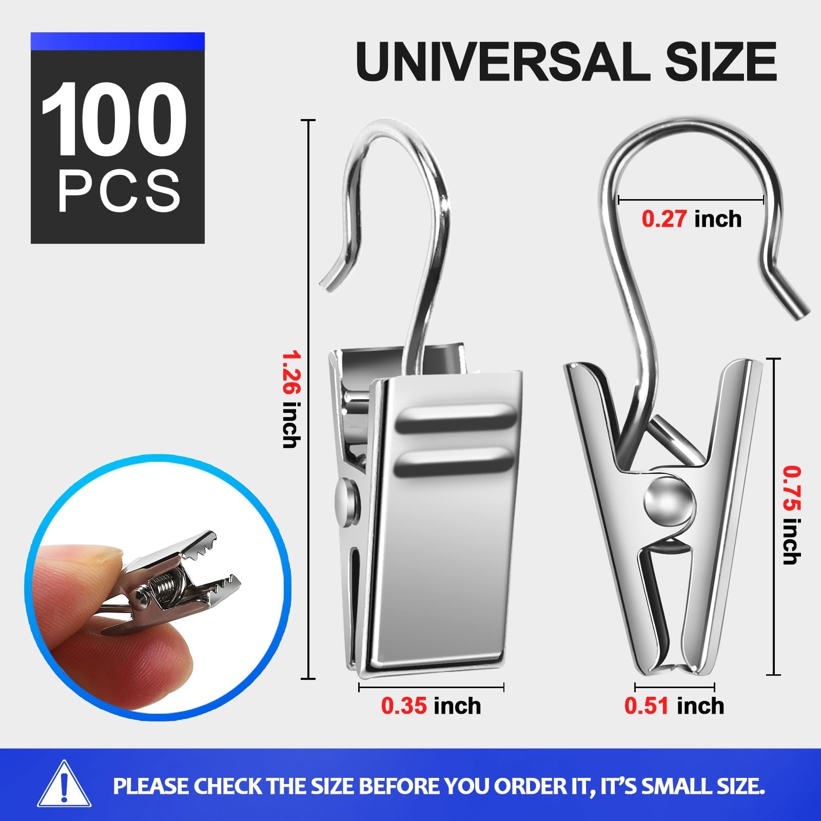 Two stainless steel clip hooks shown with dimensions and a close-up of one held by a finger.